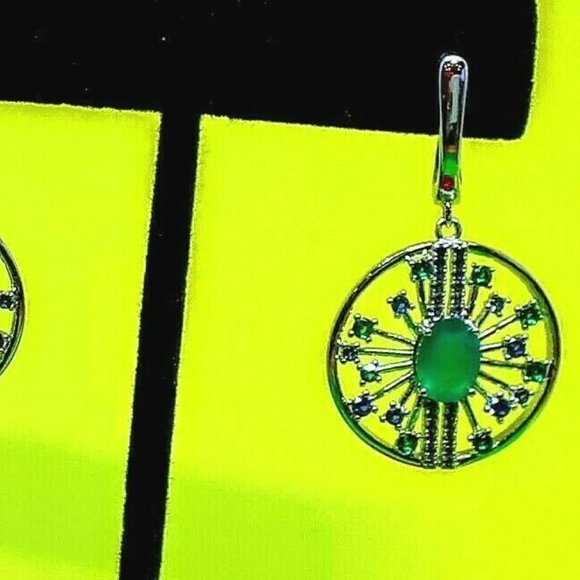 Natural Green Agate & CZ 925 Sterling Silver Round Earrings. - Picture 4 of 7